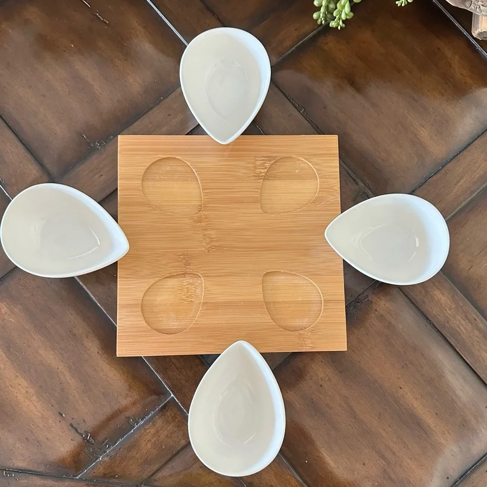 Ceramic Dipping Bowls with Wood Serving Tray